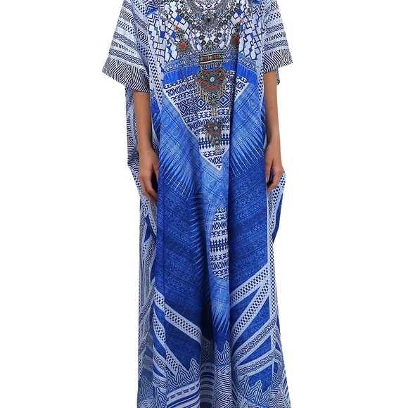 Blue Kaftan-Long Caftan Dress in Blue and White - Picture 2 of 6
